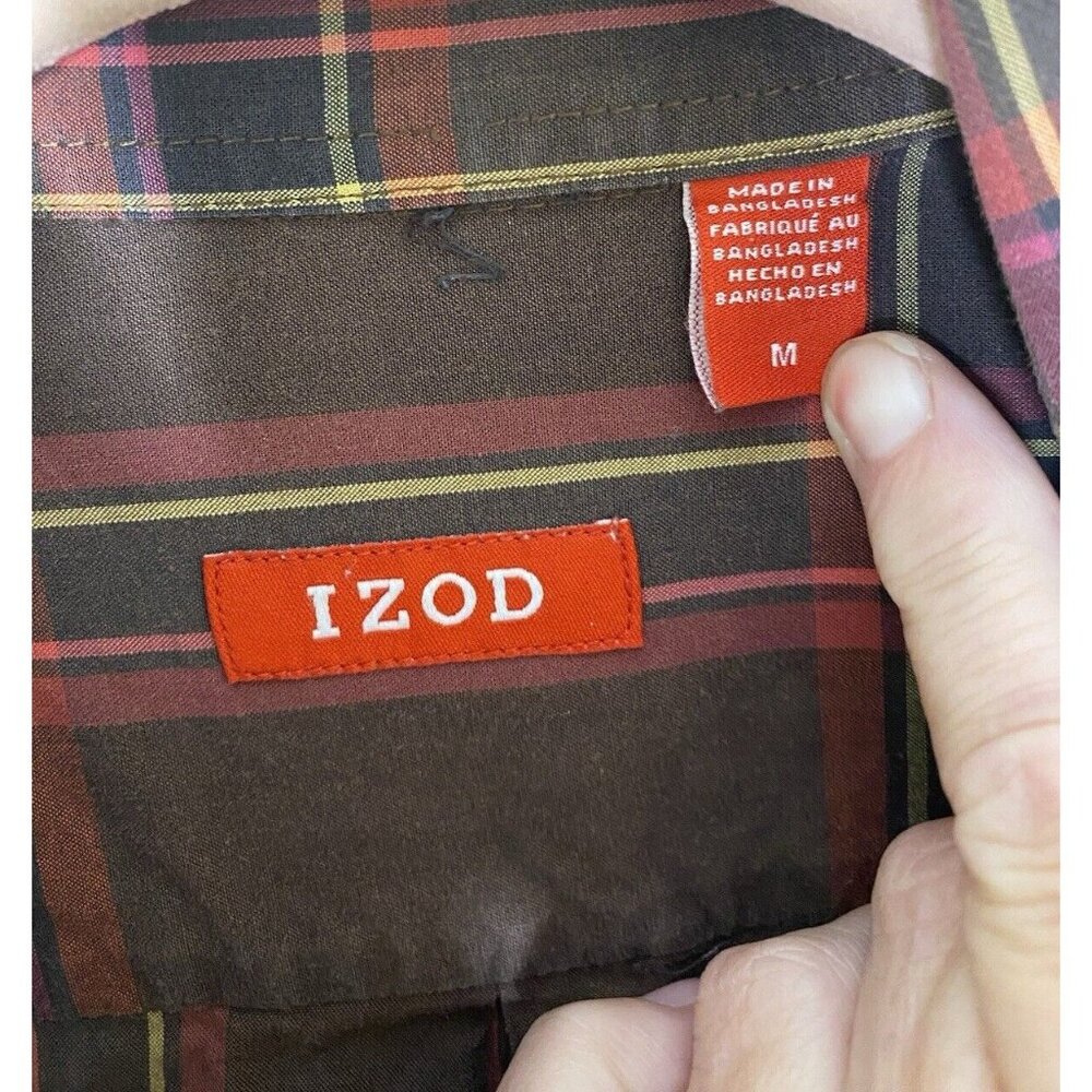IZOD Men's M Plaid Button Down Shirt Brown Pink Yellow Navy Long Sleeve Cotton - Picture 3 of 7